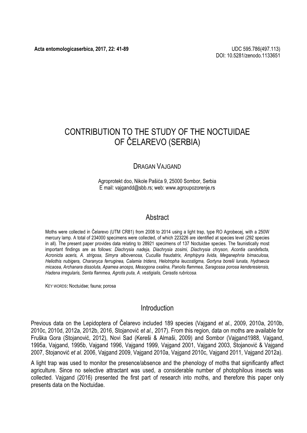 Contribution to the Study of the Noctuidae of Čelarevo (Serbia)