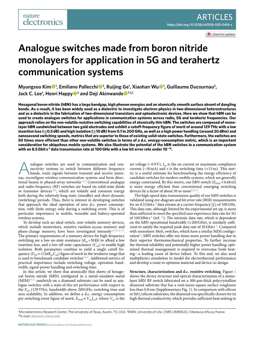 Analogue Switches Made from Boron Nitride Monolayers for Application in 5G and Terahertz Communication Systems