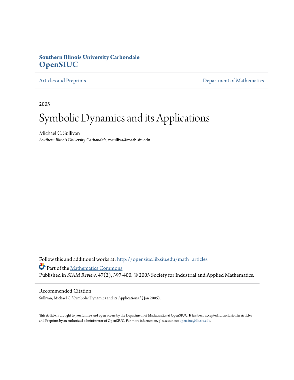 Symbolic Dynamics and Its Applications Michael C