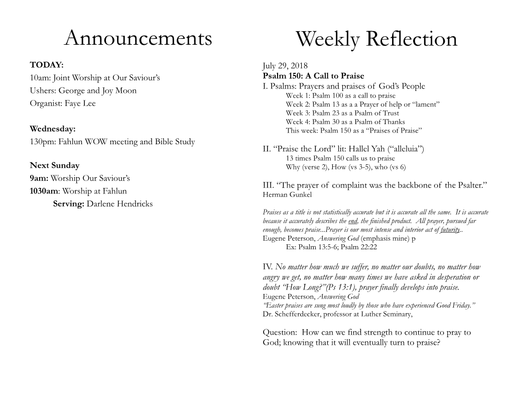 Announcements Weekly Reflection