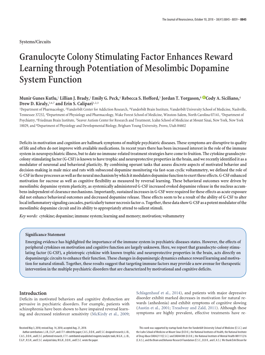 Granulocyte Colony Stimulating Factor Enhances Reward Learning Through Potentiation of Mesolimbic Dopamine System Function