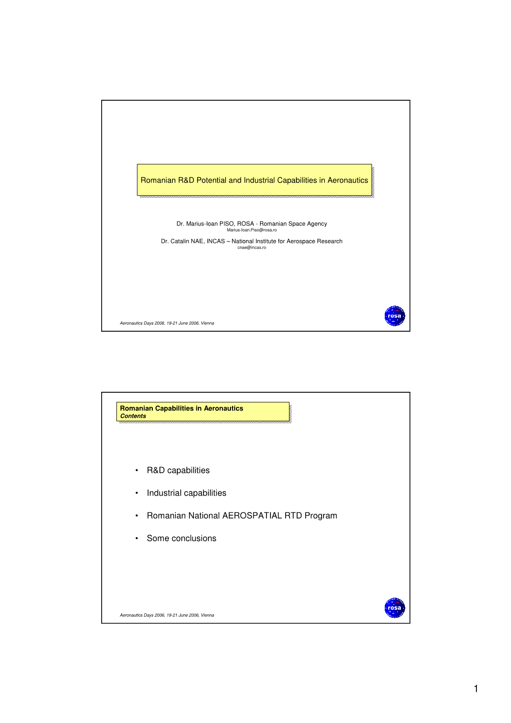 Romanian R&D Potential and Industrial Capabilities in Aeronautics