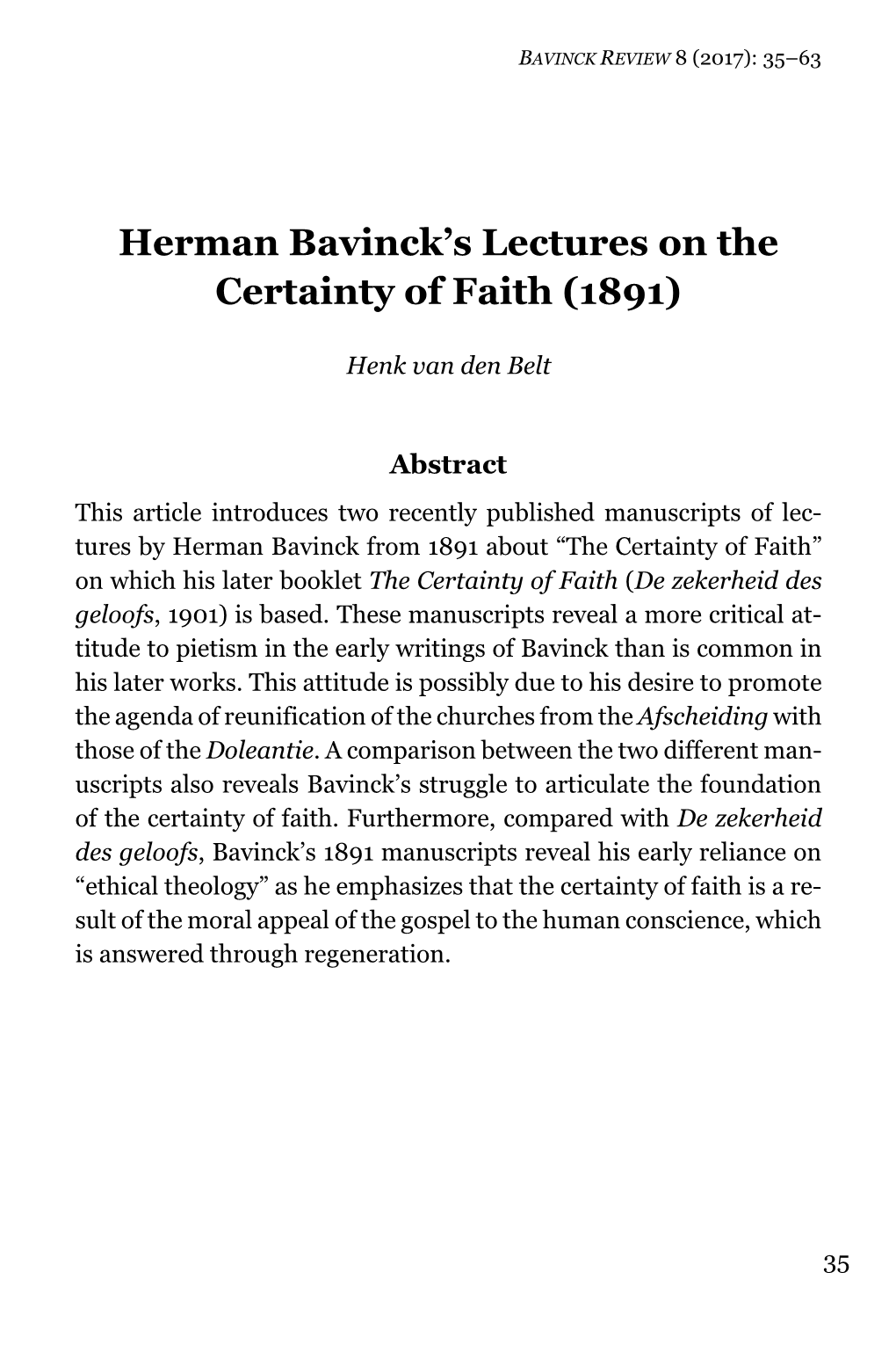 Herman Bavinck's Lectures on the Certainty of Faith