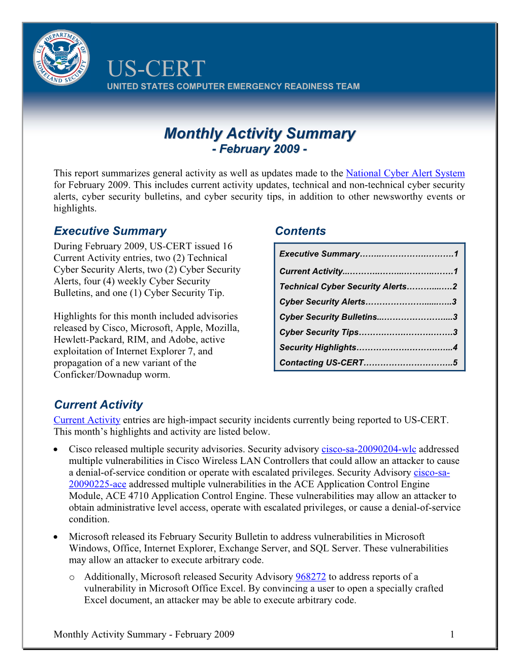 Monthly Activity Summary - February 2009