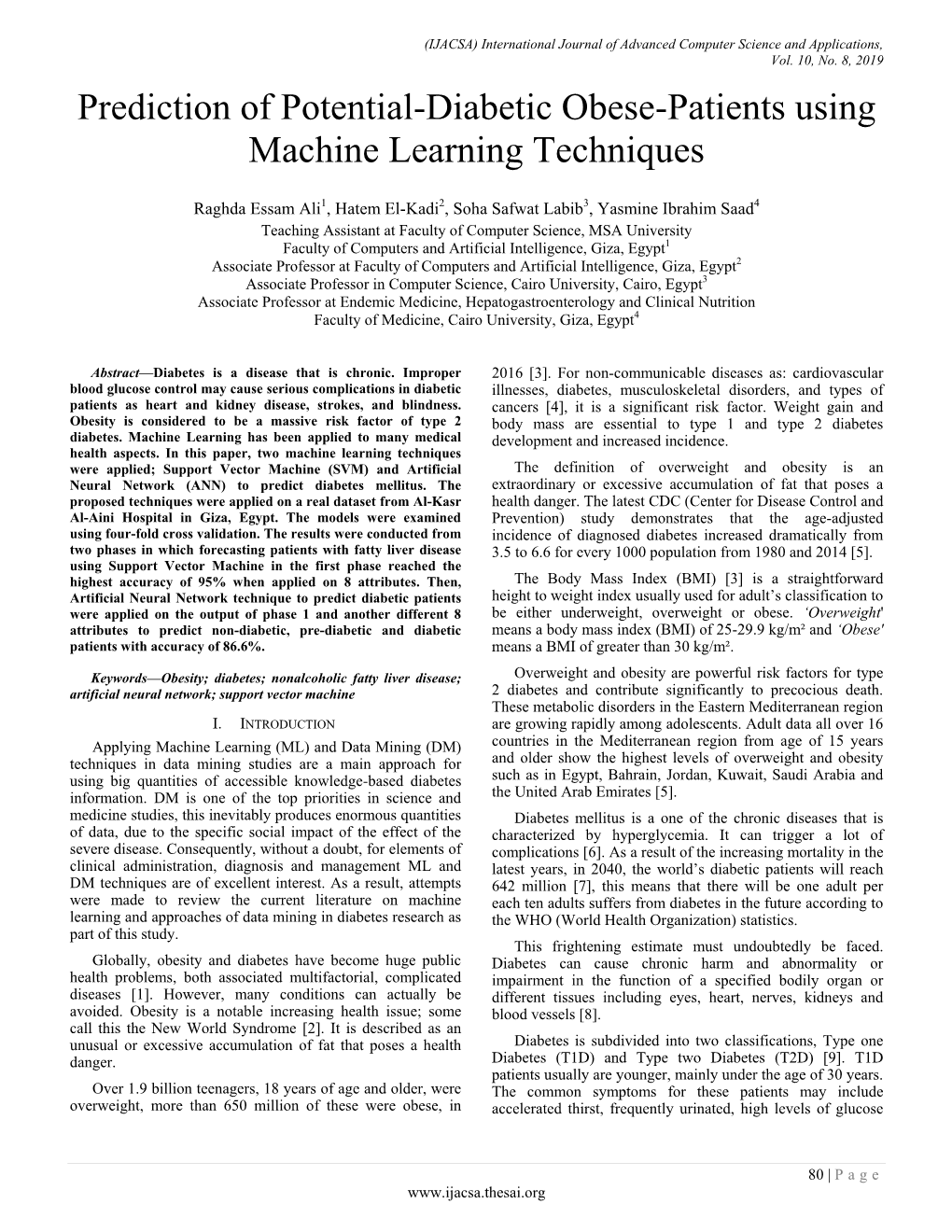 Prediction of Potential-Diabetic Obese-Patients Using Machine Learning Techniques