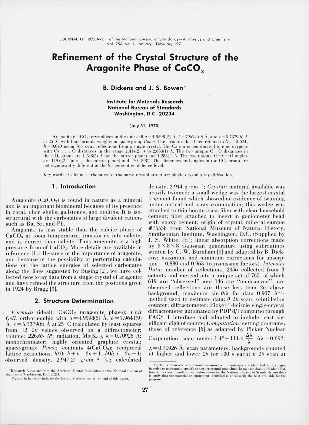 Refinement of the Crystal Structure of the Aragonite Phase of Caco3