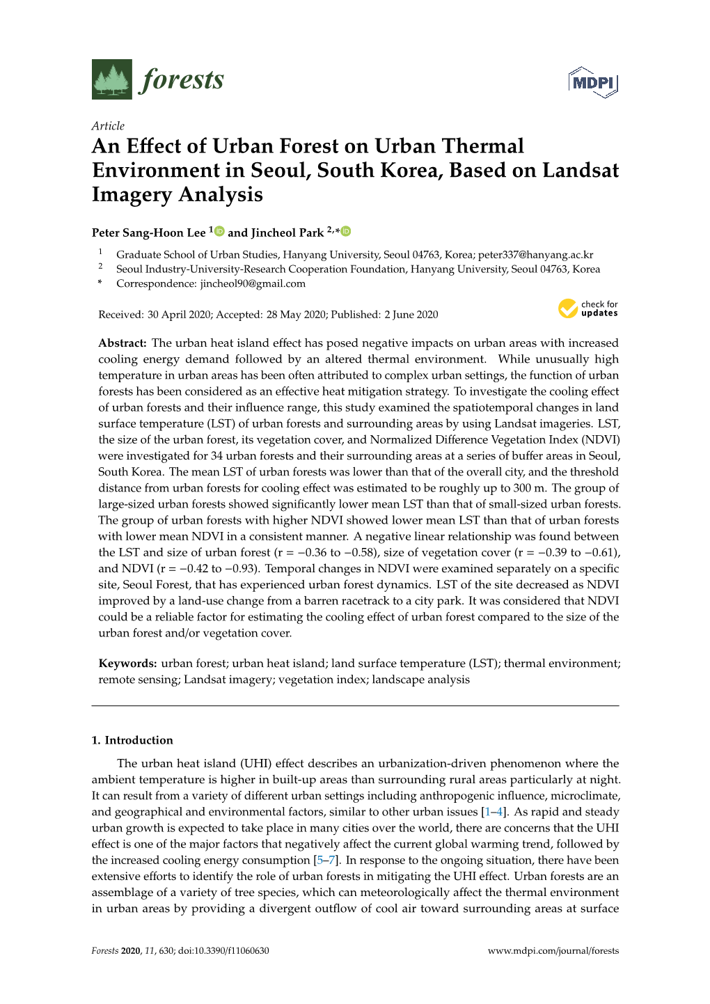 An Effect of Urban Forest on Urban Thermal Environment in Seoul, South Korea, Based on Landsat Imagery Analysis