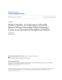 An Exploration of Possible Barriers Women Encounter When Pursuing a Career As an Operational Firefighter in Ontario Lydia Wilcox Western University