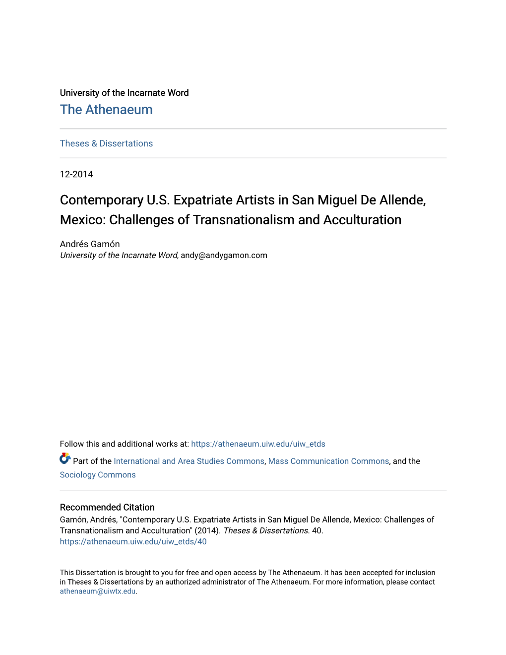 Contemporary U.S. Expatriate Artists in San Miguel De Allende, Mexico: Challenges of Transnationalism and Acculturation