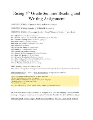 Rising 6Th Grade Summer Reading and Writing Assignment