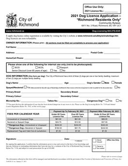 2021 Dog Licence Application – *Richmond Residents Only* Community Bylaws 6911 No