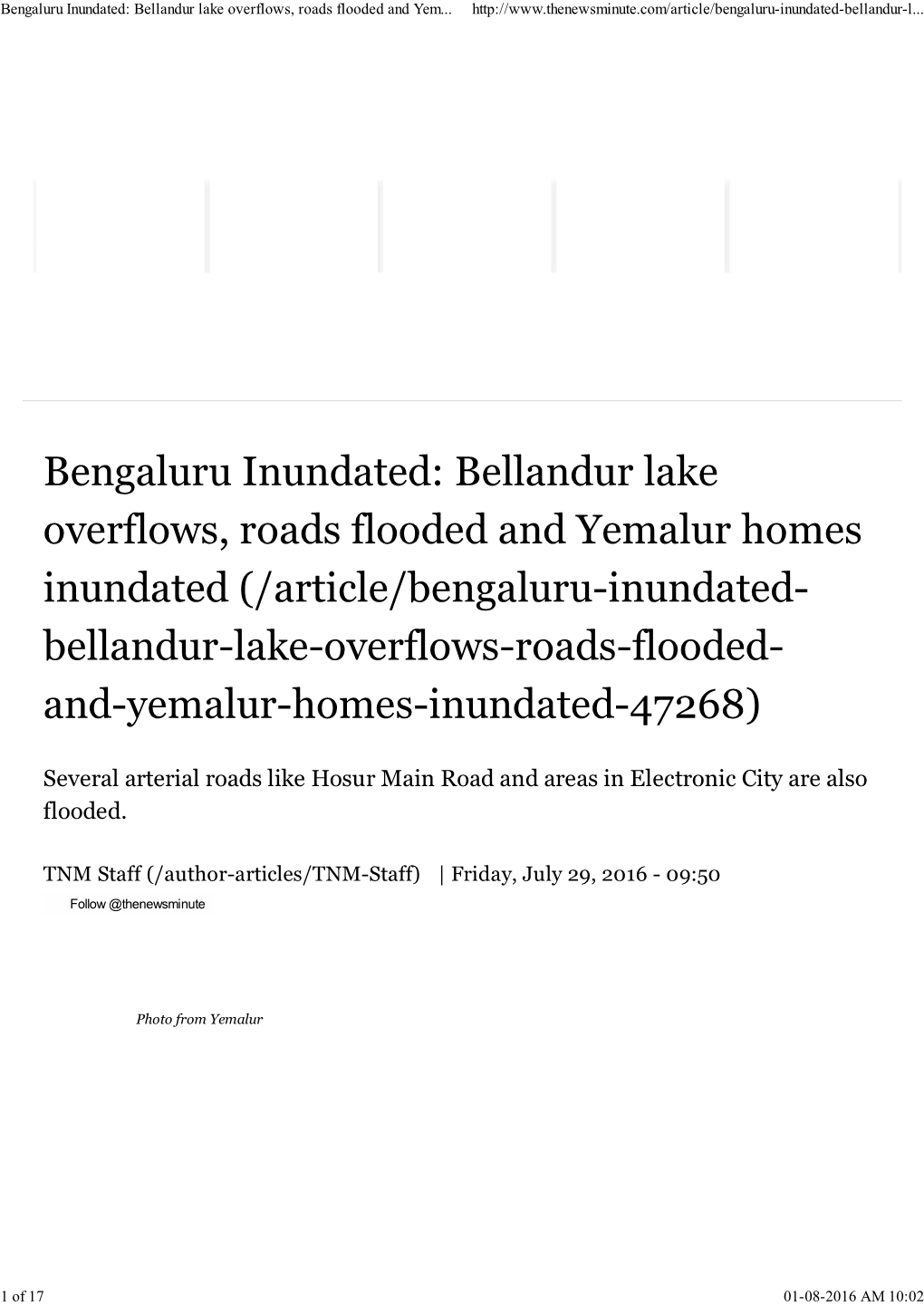 Bellandur Lake Overflows, Roads Flooded and Yemalur Homes