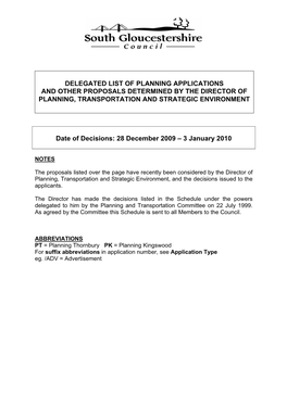 Delegated List of Planning Applications and Other Proposals Determined by the Director of Planning, Transportation and Strategic Environment