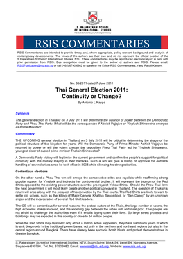 RSIS COMMENTARIES RSIS Commentaries Are Intended to Provide Timely And, Where Appropriate, Policy Relevant Background and Analysis of Contemporary Developments