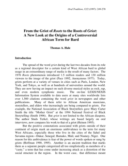 From the Griot of Roots to the Roots of Griot: a New Look at the Origins of a Controversial African Term for Bard