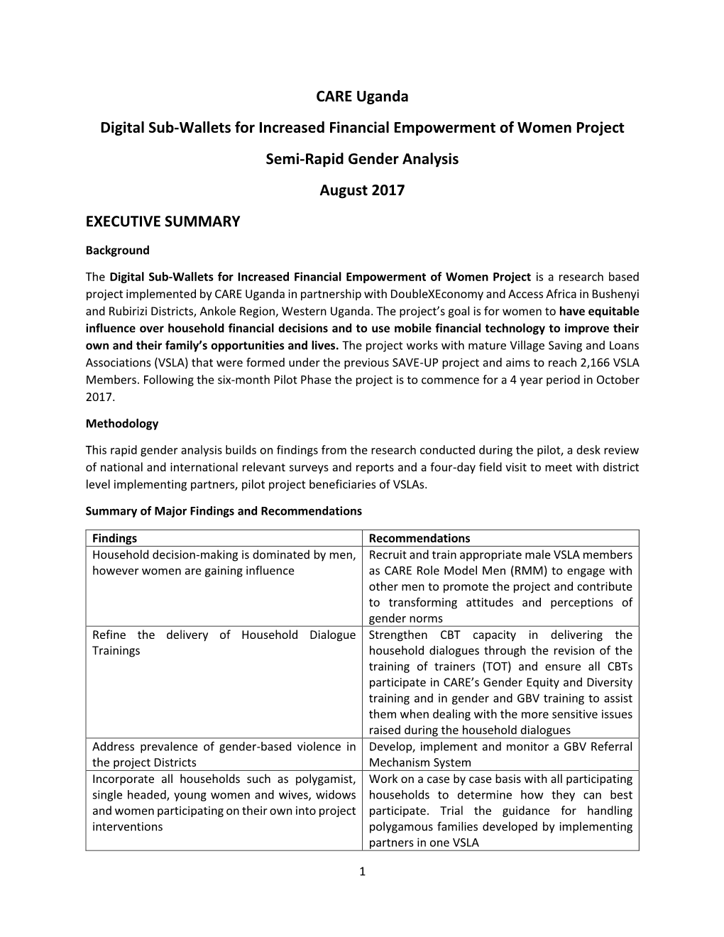 CARE Uganda Digital Sub-Wallets for Increased Financial Empowerment of Women Project Semi-Rapid Gender Analysis August 2017 EXECUTIVE SUMMARY