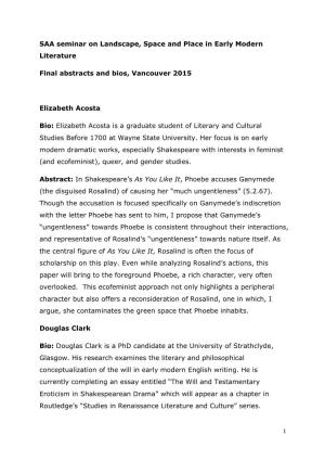 SAA Seminar on Landscape, Space and Place in Early Modern Literature Final Abstracts and Bios, Vancouver 2015 Elizabeth Acosta B