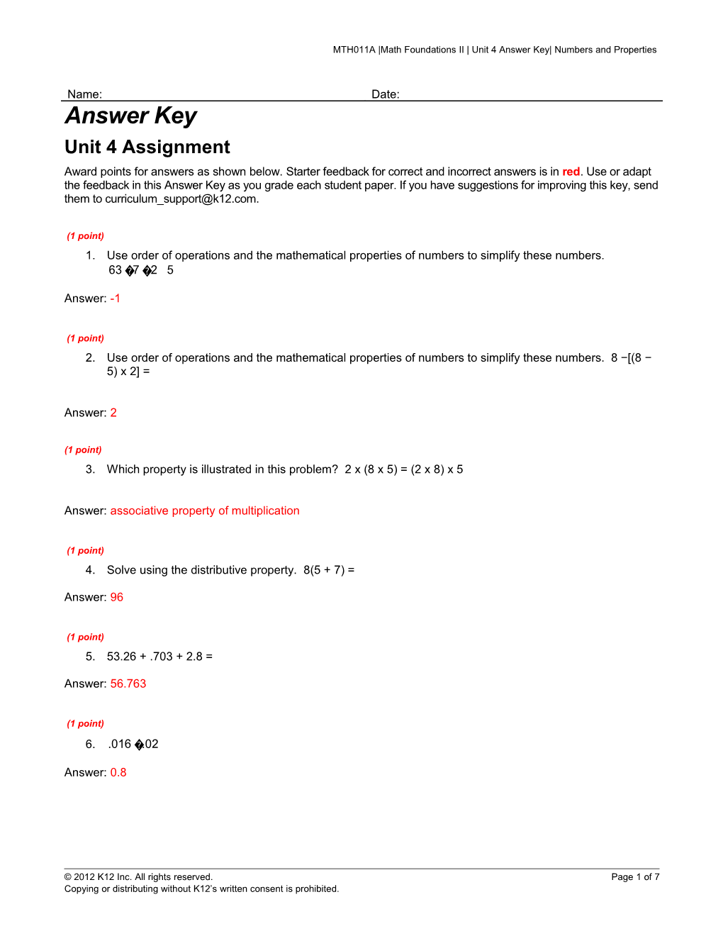 MTH011A Math Foundations II Unit 4 Answer Key Numbers and Properties