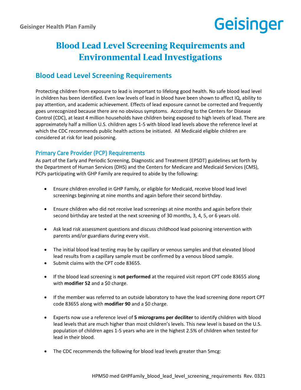 Blood Lead Level Screening Requirements and Environmental Lead Investigations