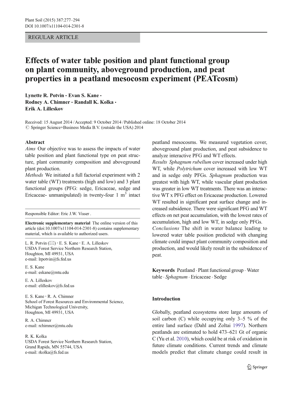 Effects of Water Table Position and Plant Functional Group on Plant