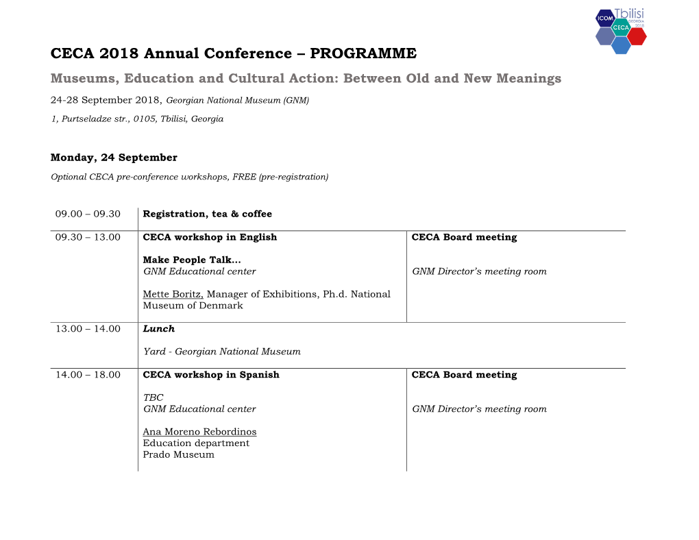 CECA 2018 Annual Conference – PROGRAMME Museums, Education and Cultural Action: Between Old and New Meanings