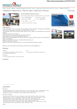 3 Bedroom Apartment / Flat for Sale in East Fort, Thrissur 1.8 Crore ELIXIR SUPER LUXURY VILLAS Advertiser Details Elixir Homes (Elixir Villas & Apartments Pvt