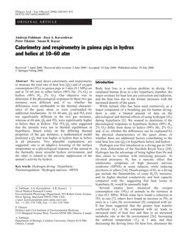 Calorimetry and Respirometry in Guinea Pigs in Hydrox and Heliox at 10–60 Atm