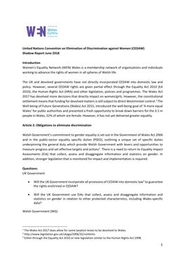 United Nations Convention on Elimination of Discrimination Against Women (CEDAW) Shadow Report June 2018 Introduction Women's