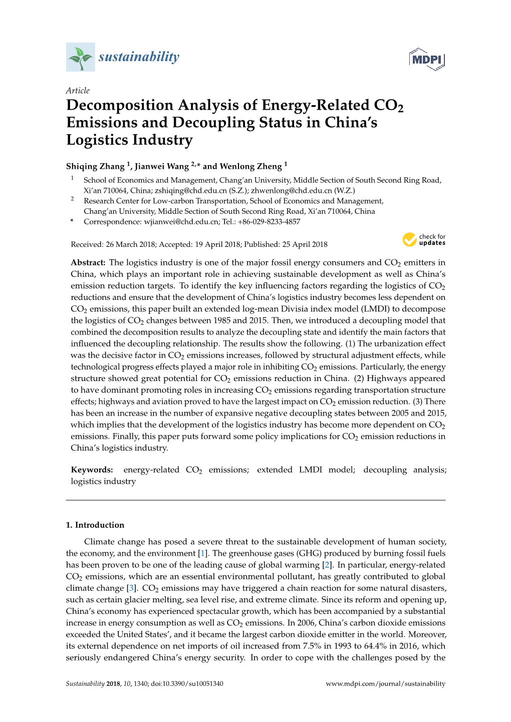 Decomposition Analysis of Energy-Related CO2 Emissions and Decoupling Status in China’S Logistics Industry