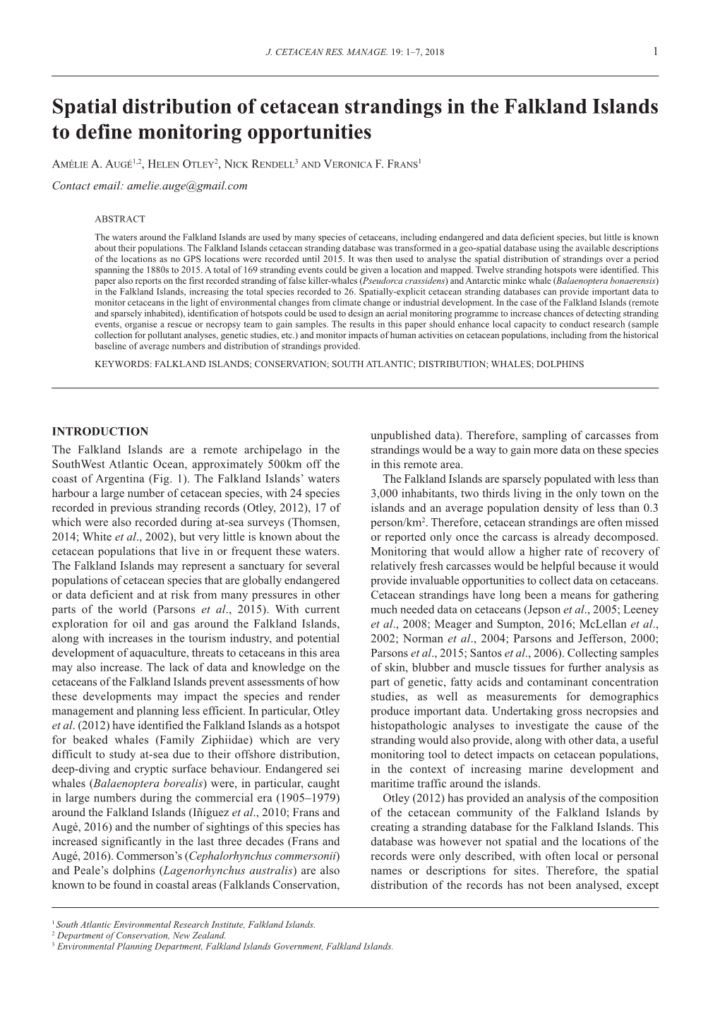 Spatial Distribution of Cetacean Strandings in the Falkland Islands to Define Monitoring Opportunities