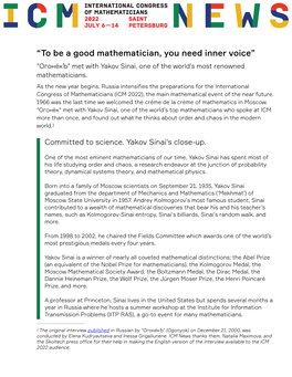 “To Be a Good Mathematician, You Need Inner Voice” ”Огонёкъ” Met with Yakov Sinai, One of the World’S Most Renowned Mathematicians