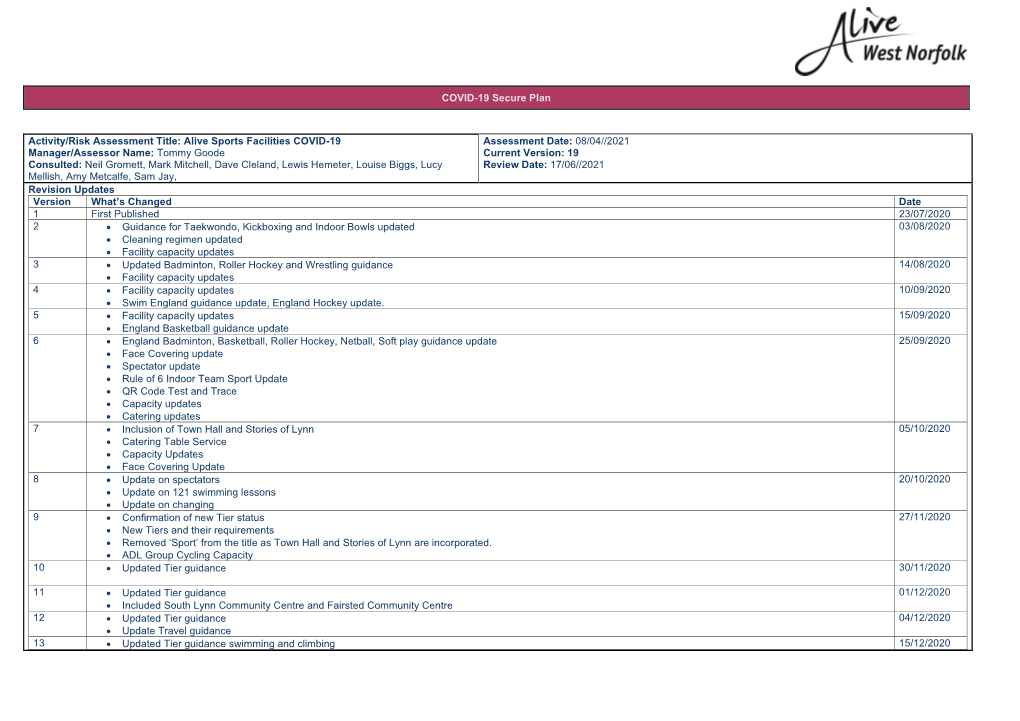 Alive COVID-19 Secure Plan V19 from 21-6-21