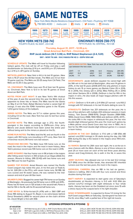 GAME NOTES New York Mets Media Relations Department • Citi Field • Flushing, NY 11368 718-565-4330 | Mets.Com | /Mets | @Mets | @Mets