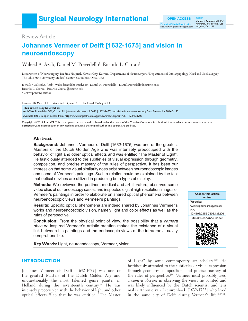 Johannes Vermeer of Delft [1632-1675] and Vision in Neuroendoscopy Waleed A