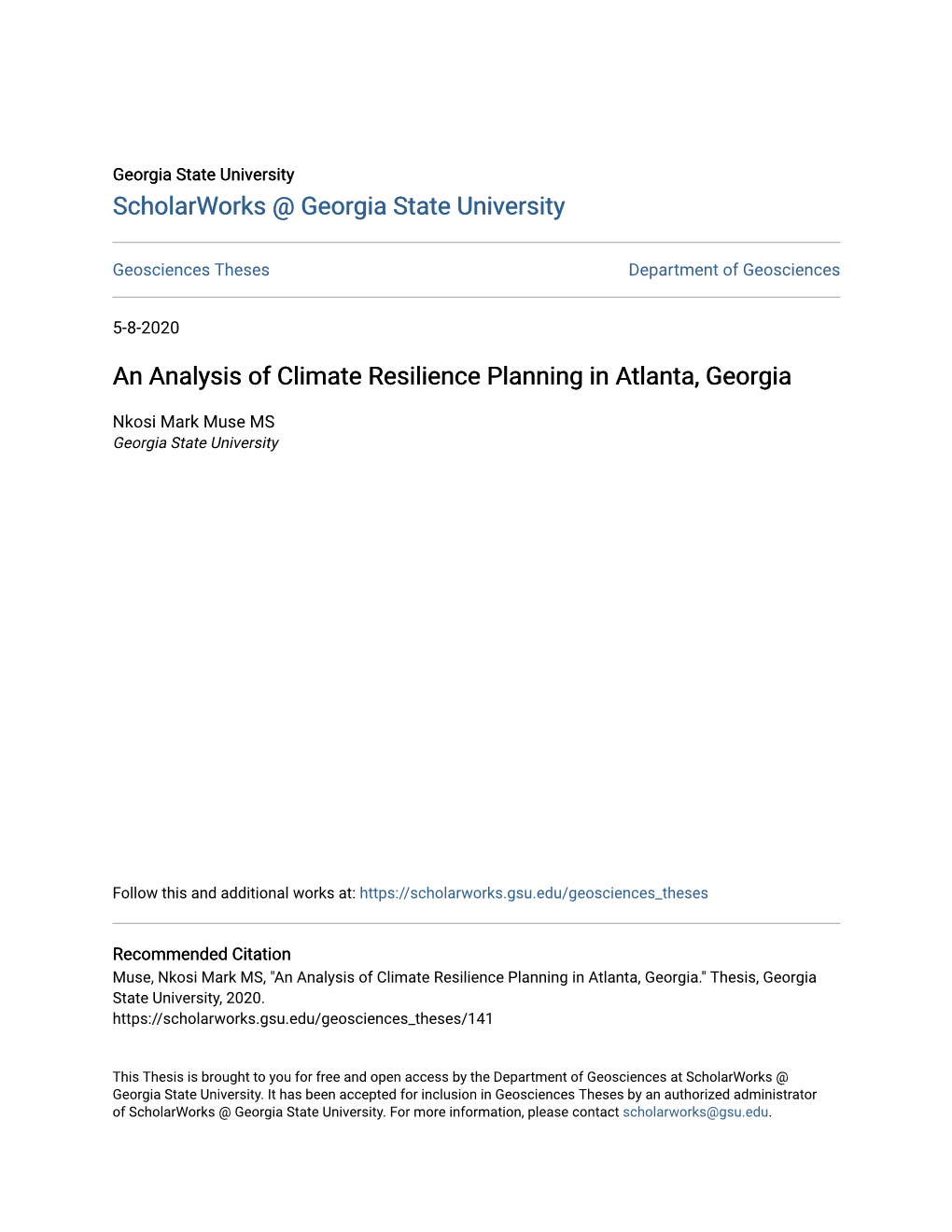 An Analysis of Climate Resilience Planning in Atlanta, Georgia