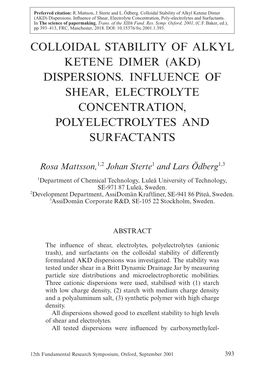 Colloidal Stability of Alkyl Ketene Dimer (AKD) Dispersions