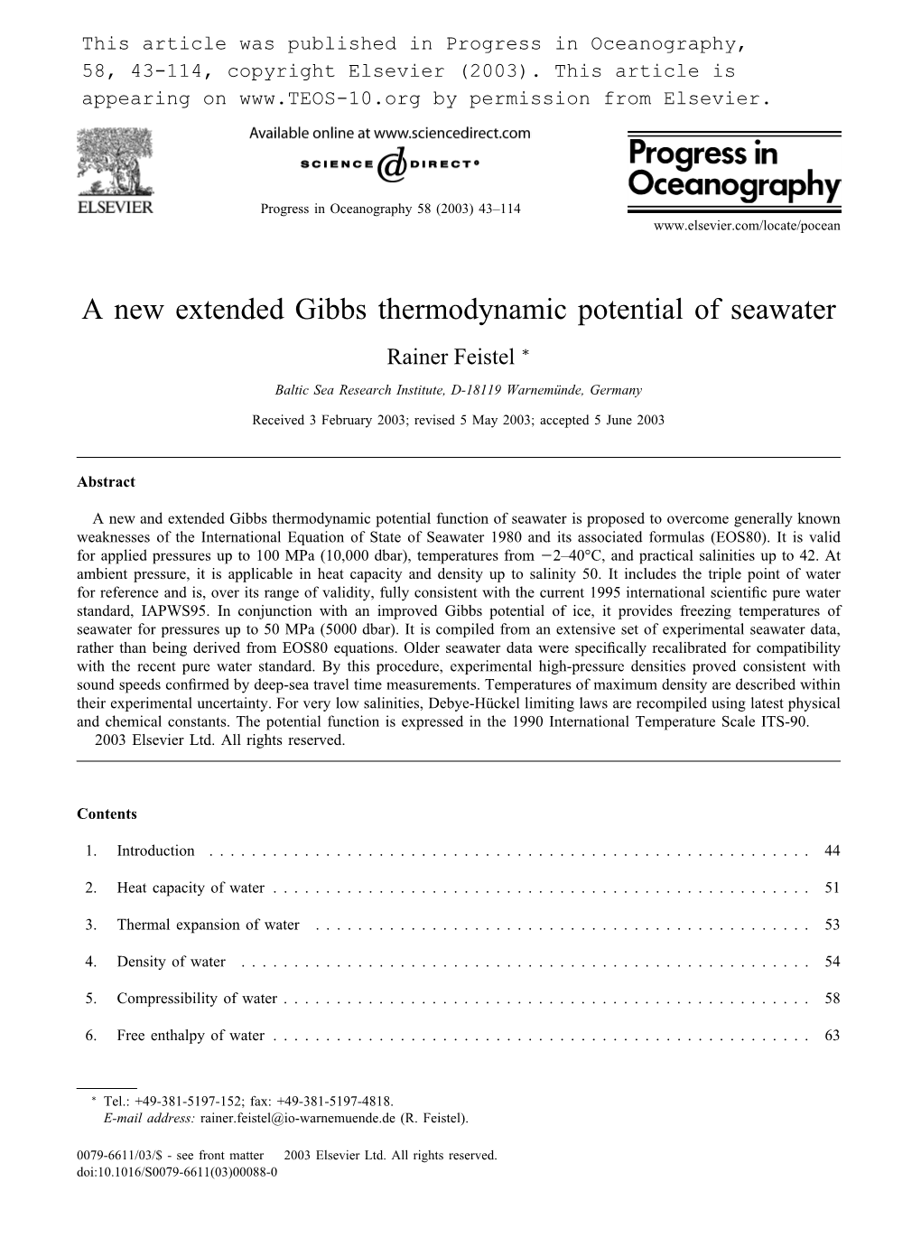 A New Extended Gibbs Thermodynamic Potential of Seawater Rainer Feistel ∗