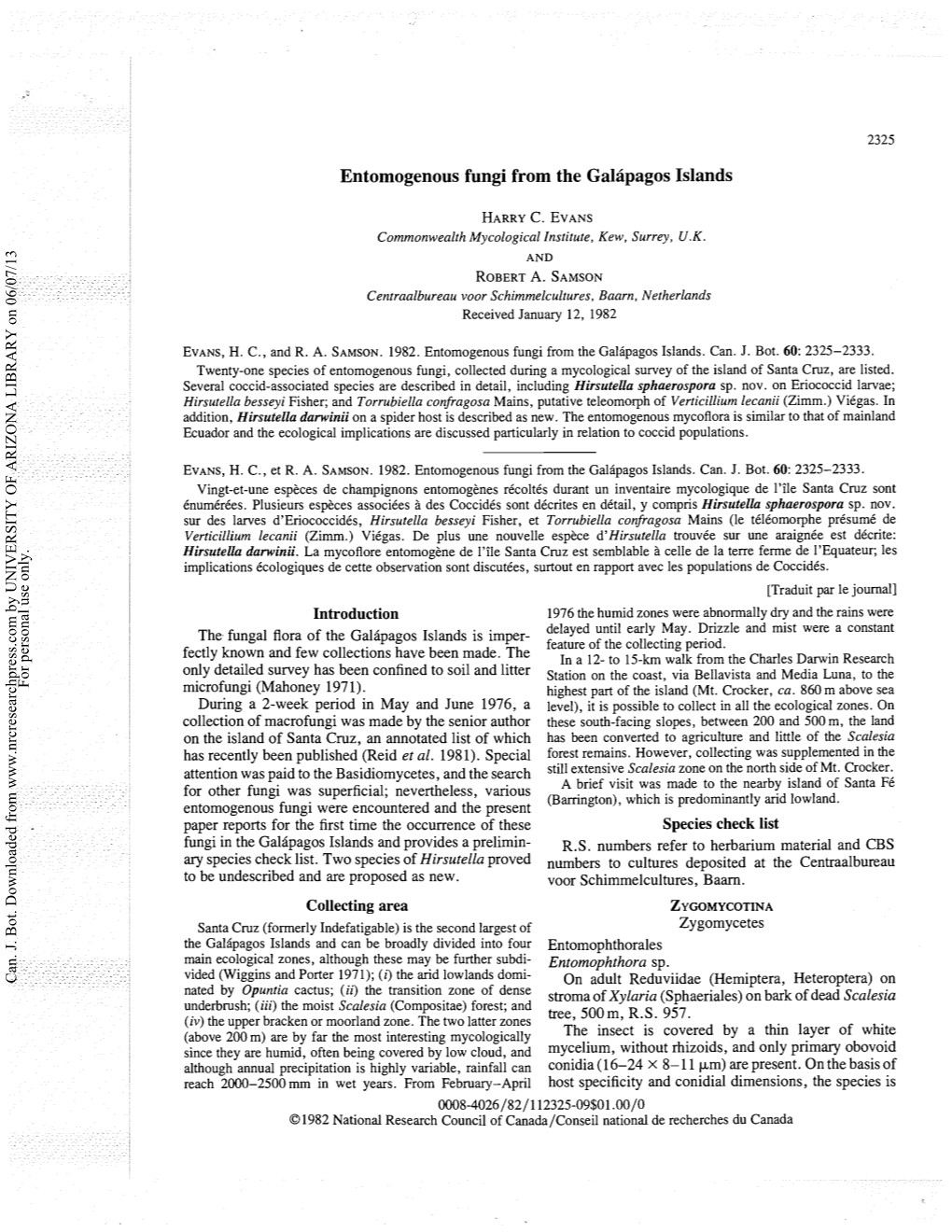 Entomogenous Fungi from the Galápagos Islands