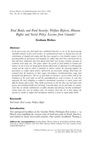 Food Banks and Food Security: Welfare Reform, Human Rights And