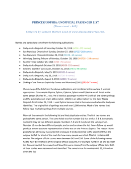 PRINCESS SOPHIA: UNOFFICIAL PASSENGER LIST (Name Count - 461)