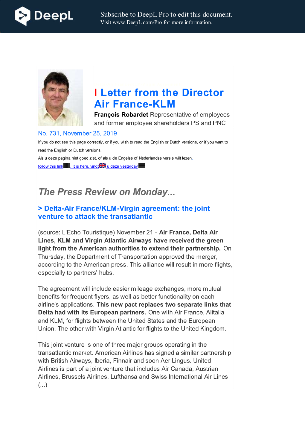 I Letter from the Director Air France-KLM François Robardet Representative of Employees and Former Employee Shareholders PS and PNC No