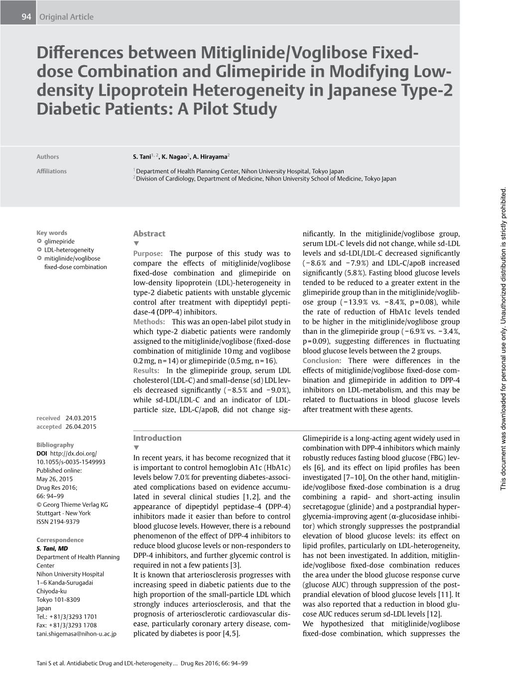 Differences Between Mitiglinide/Voglibose Fixed- Dose