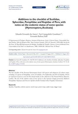 Additions to the Checklist of Scoliidae, Sphecidae, Pompilidae and Vespidae of Peru, with Notes on the Endemic Status of Some Species (Hymenoptera, Aculeata)