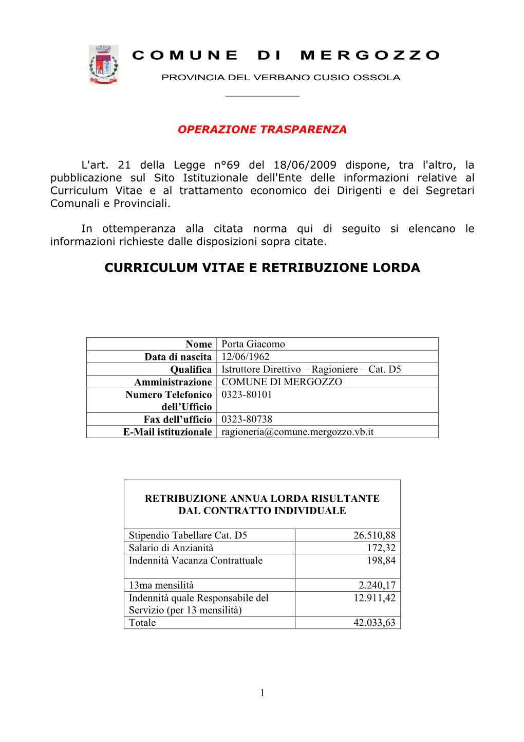 Porta Giacomo Curriculum Vitae