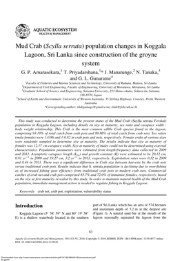 Mud Crab (Scylla Serrata) Population Changes in Koggala Lagoon, Sri Lanka Since Construction of the Groyne System G