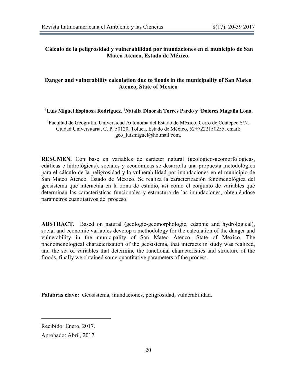 Revista Latinoamericana El Ambiente Y Las Ciencias 8(17): 20-39 2017 20