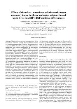 Effects of Chronic Vs. Intermittent Calorie Restriction on Mammary Tumor Incidence and Serum Adiponectin and Leptin Levels in MMTV-TGF-Α Mice at Different Ages