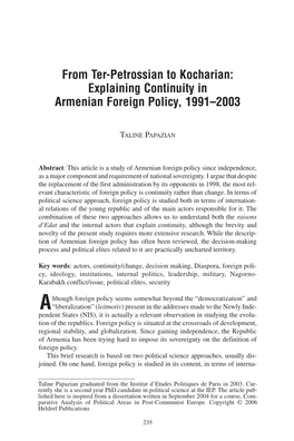 From Ter-Petrossian to Kocharian: Explaining Continuity in Armenian Foreign Policy, 1991–2003