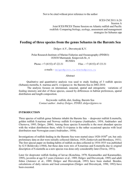 Feeding of Three Species from the Genus Sebastes in the Barents Sea