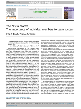 The 'I's in Team:: the Importance of Individual Members to Team Success